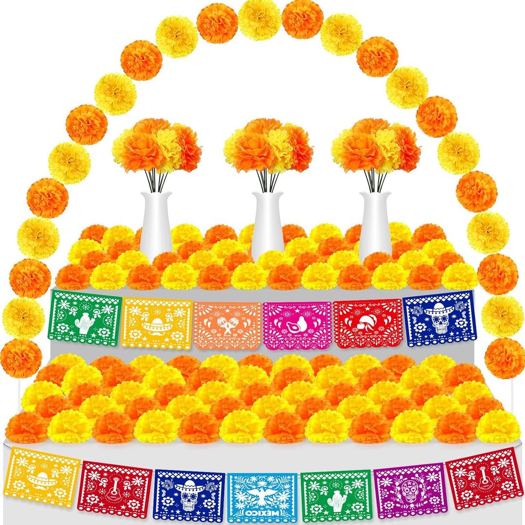 Geosar 118 Pcs Mexican Party Decorations Include Marigold Flowers Dia De Los Muertos Banner for Day of The Dead Cinco De Mayo Mexican Fiesta Party Diwali Supplies, (Orange and Yellow)
