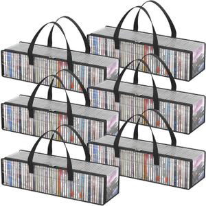 Lifewit CD Storage Bags 6 Pack, Clear PVC Plastic CD Case Holder with Handles, Front Window Zipper Design, Stackable Media Organizer Box for Albums, Hold up to 300 Pcs CDs (50 Each)