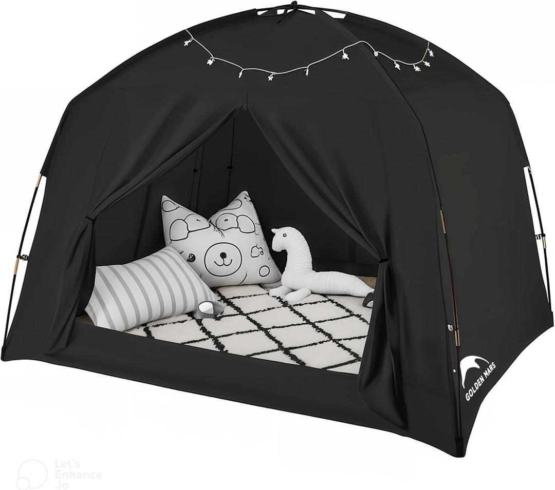 Bed Tents for Kids and Adult, Portable 100% Breathable and 93% Blackout Toddler Dream Play Tent, 3 Doors Big Privacy Space Sleeping Canopy for Floor or Twin Full Queen Sizes Bed (Black, Twin-Size)
