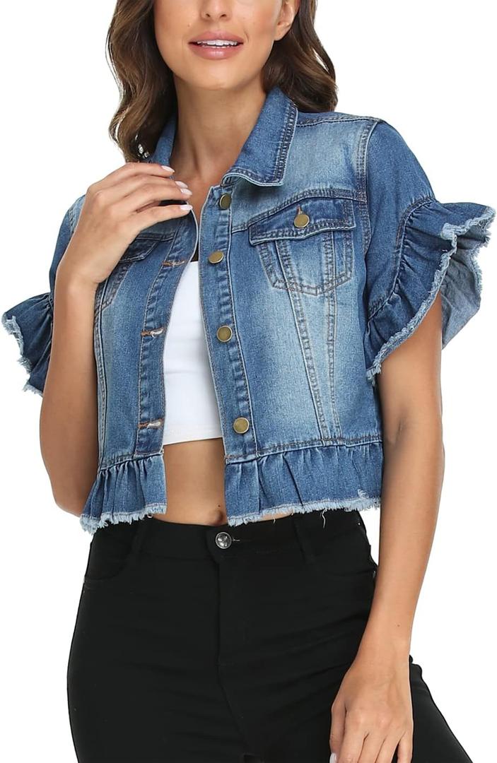 MISS MOLY Women's Denim Jacket Ruffle Sleeve Button Down Distressed Summer Cropped Jean Jackets, M
