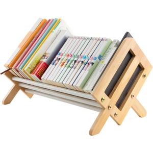Desktop Bookshelf, Wood Tilting Bookcase with Iron Rack, Book Organizer for CDs/Magazine/Books Display, Storage Rack in Living Room/Studyroom/Home/Office (Yellow&White, 19.68")