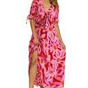BTFBM 2025 Womens Summer Boho Dress Tie Front Deep V Neck Cutout Short Sleeve Casual Party Floral Beach Maxi Dresses(Big Floral Red, Small)