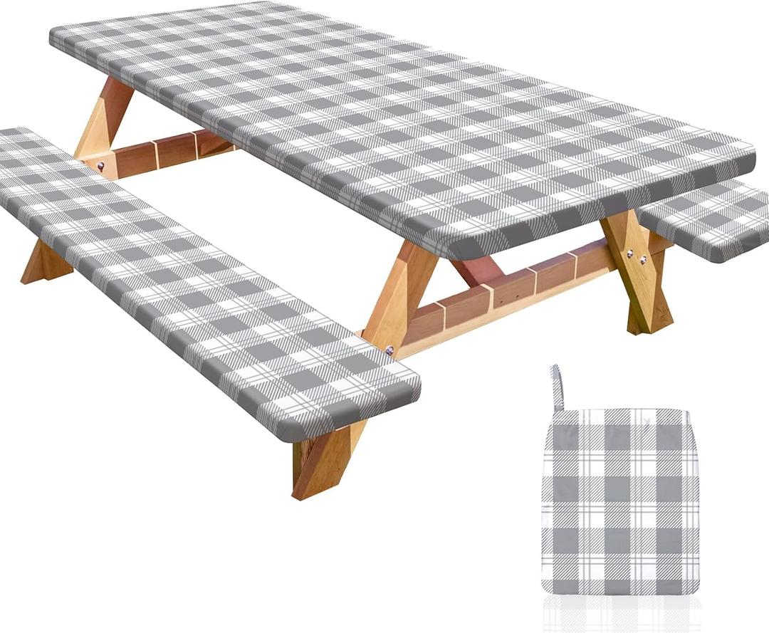Picnic Table Cover with Bench Covers Portable Table Cloth Built-in Storage Pocket Fitted Tablecloth with Elastic Edges Waterproof Camping Essentials for Indoor Outdoor Rv,72in,Light Grey (72x30in)