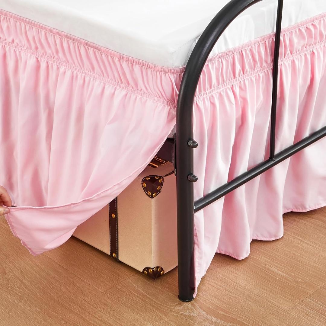 RIMELA Pink Bed Skirts with Split Corners Queen Size 15 Inch Drop,Elastic Bed Skirting Wrap Around, Easy Install Dust Ruffles Soft Fabric Machine Washable