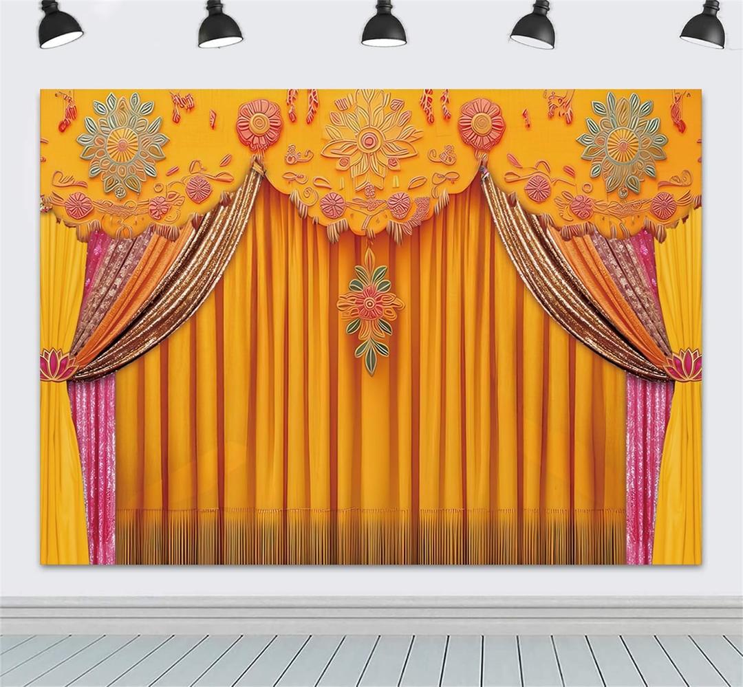 ZhrGoflli Indian Backdrop 7x5ft India Pooja Marigold Yellow Curtain Photography Background for Wedding Diwali Traditional Festival Party Decorations