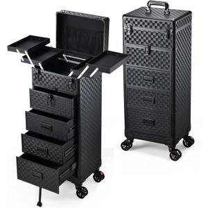 Stagiant Rolling Makeup Case with Drawers Cosmetology Case on Wheels 5 IN 1 Makeup Case 4 Drawers with Foot Stand Spring-release Mechanism Rolling Make Up Organizer for Artist Salon Nail Teach Trunk