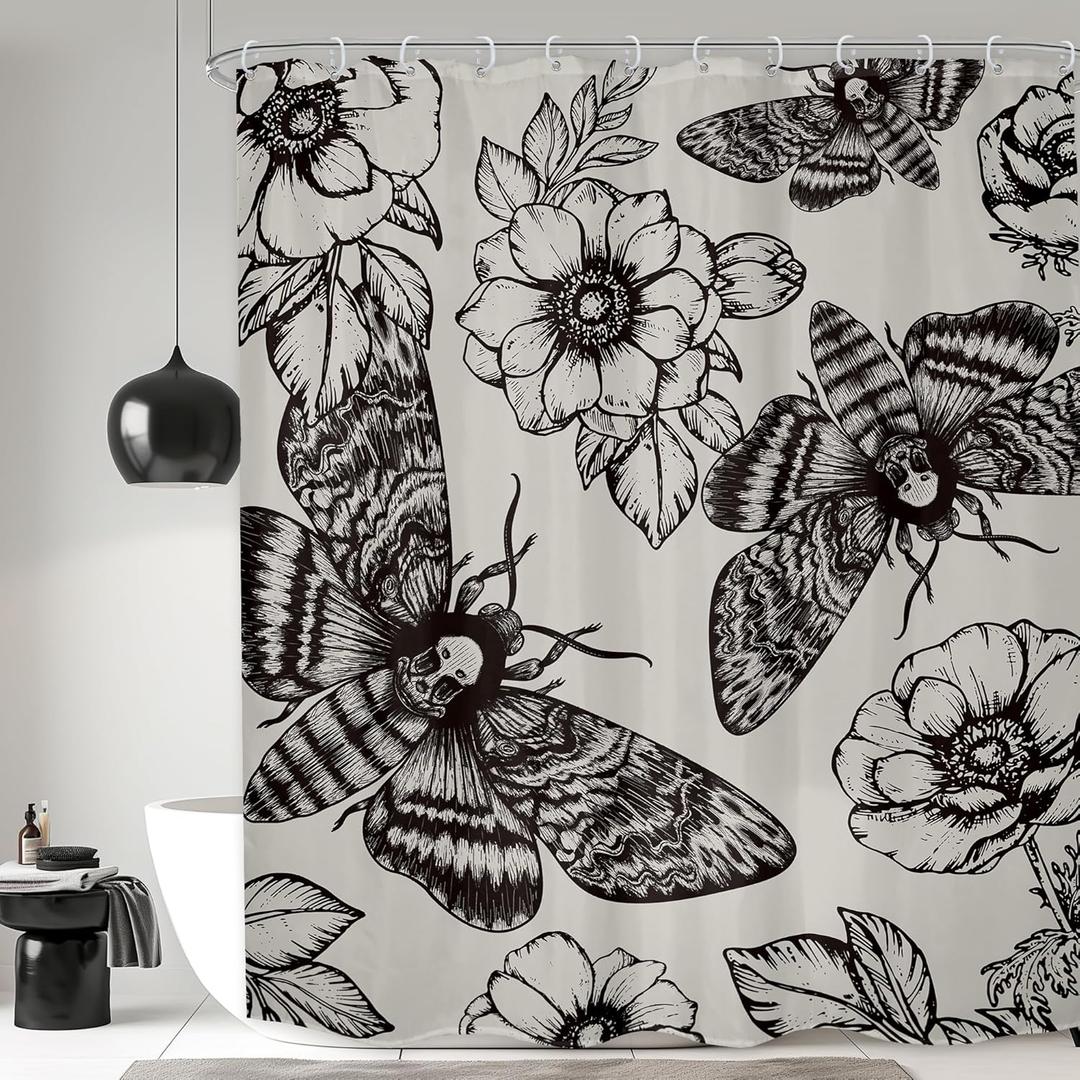 LGhtyro Gothic Skull Shower Curtain Bathroom Set 71Wx84H Inches Extra Long Death Head Moth Scary Halloween Flower Botanical Butterfly Bath Accessories Mysterious Art Home Decor Fabric 12 Pack Hooks