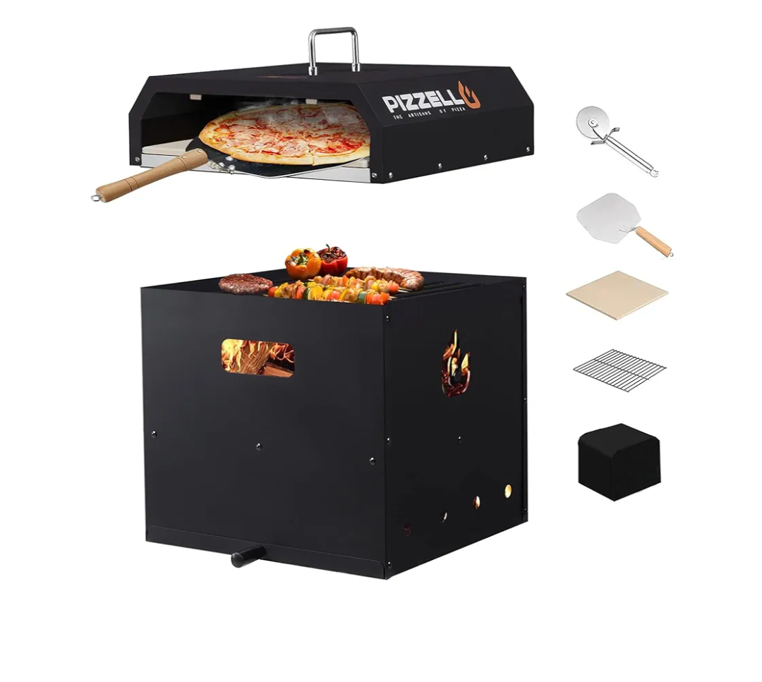 PIZZELLO 4-in-1 Outdoor Pizza Oven 16" Wood Fired Outside Oven 2-Layer Detachable Pizza Maker with Pizza Stone, Pizza Peel, Cover, Cooking Grill Grate, Pizzello Gusto