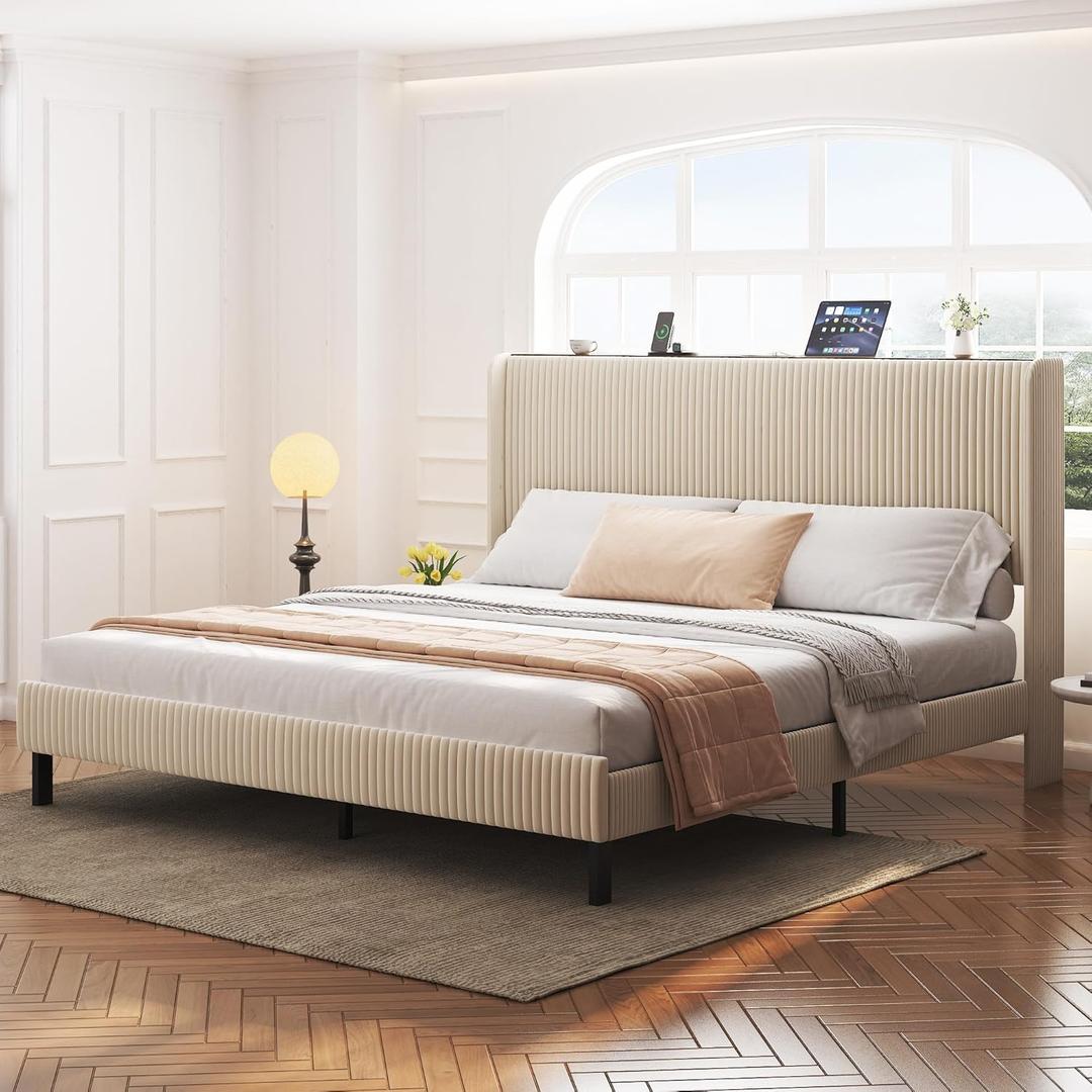DNYN King Platform Bed with Stylish Headboard & USB Port Design,Easy Assembly & Noise Free & No Box Spring Needed, Beige