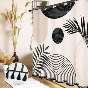 Boho Mid Century Leaf Shower Curtain Set,Arch Sun Design,Minimalistic Leaves Pattern,Waterproof and Luxurious Fabric-12 Hooks(Black and White-72" x 72") (72"W x 72"L (Pack of 1), Cream)