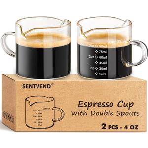 Espresso Cups Set of 2, 4 Oz Espresso Shot Glass with Handle Double Spout Measuring Cups with Scale Clear Glass Milk Cup Coffee Accessories Great for Making Coffee Desserts Salad Dressing