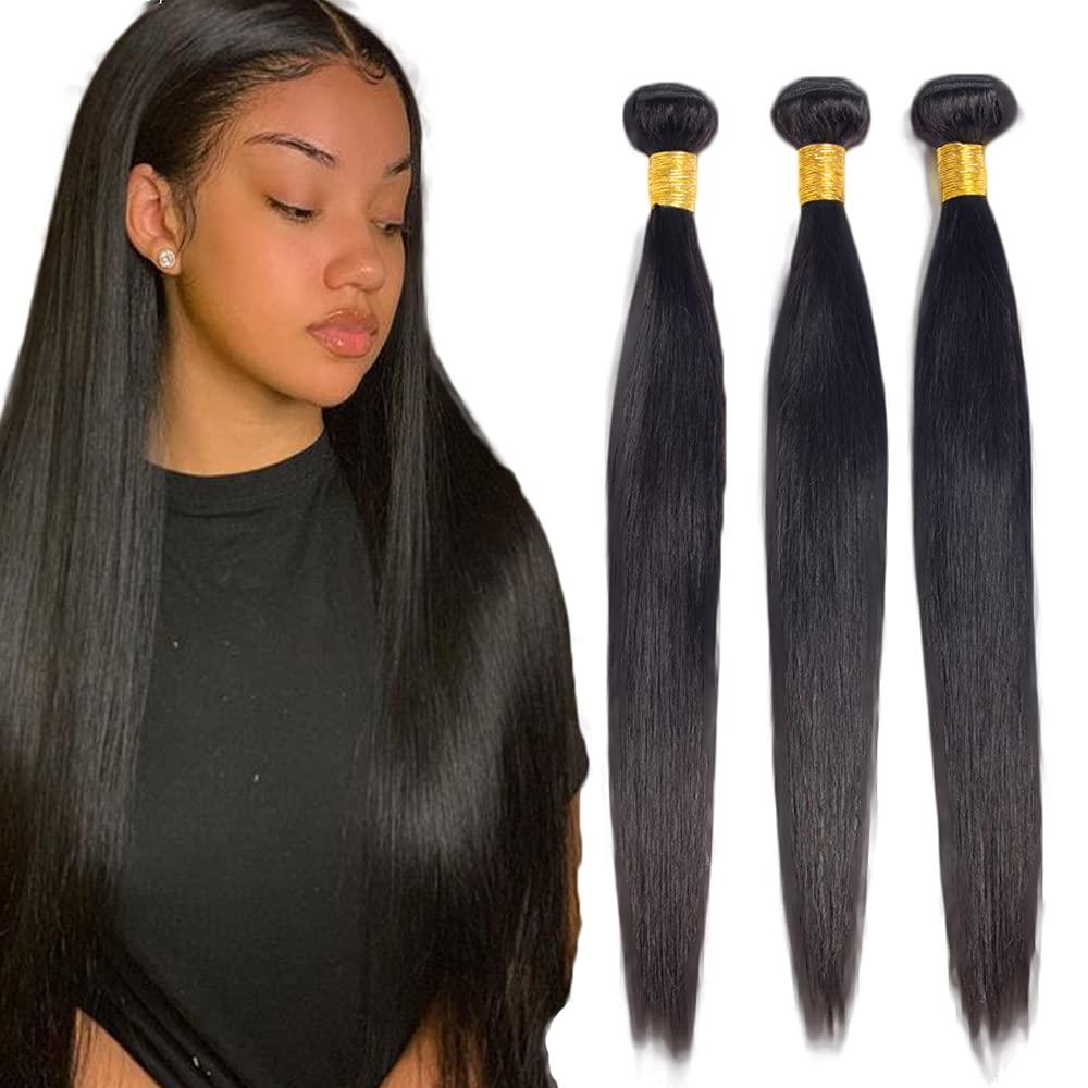 #1B Human Hair Bundles Straight Bundles 16 16 16 Inch Unprocessed Brazilian Virgin Hair Weave 3 Bundles Straight Human Hair Extensions Natural Color Bundle 50 Grams Per Bundle