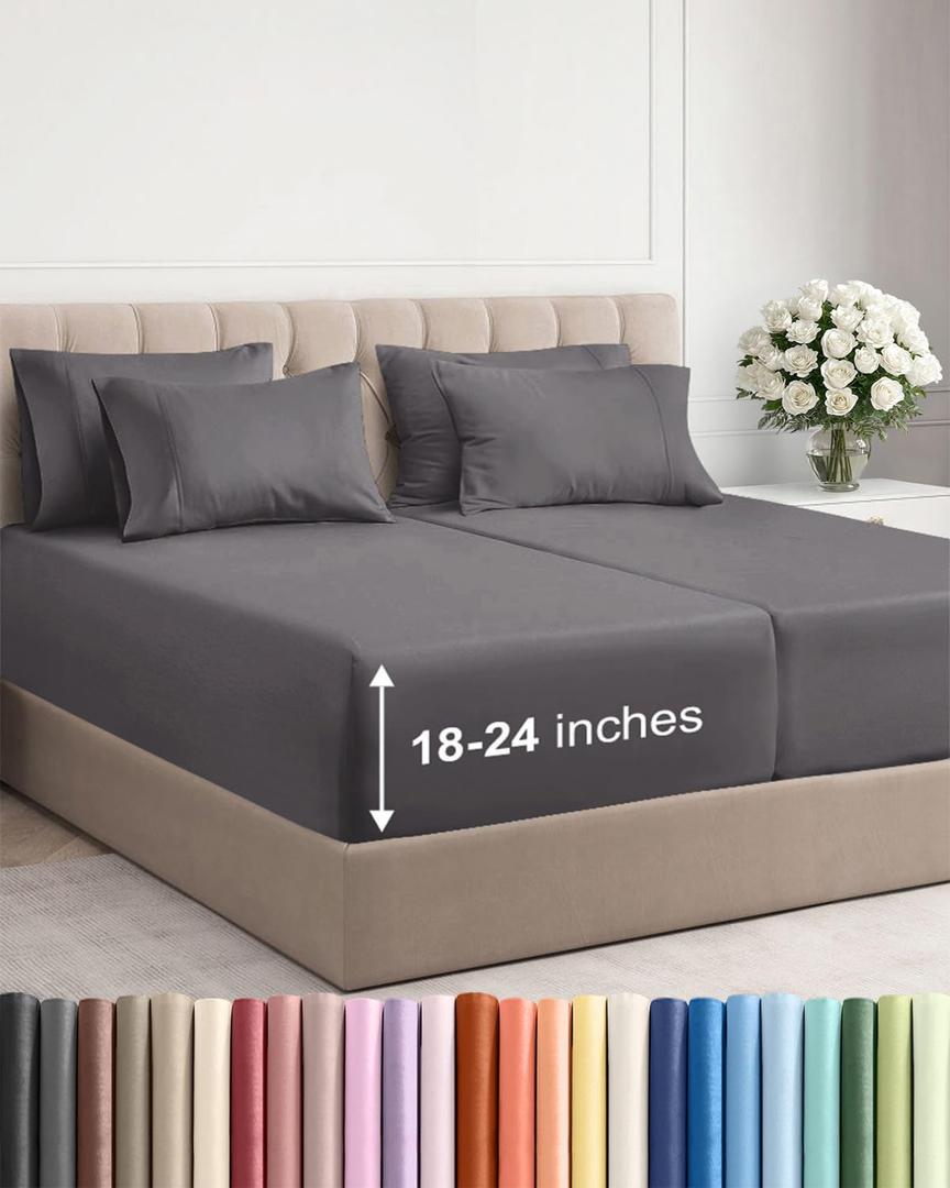 Extra Deep Split King Sheet Set - 7 Piece Breathable and Cooling Sheets - Hotel Luxury Bedding for Women, Men, Kids & Teens - Easy Secure Fit - Soft and Wrinkle Free - Extra Deep Pockets - Dark Grey