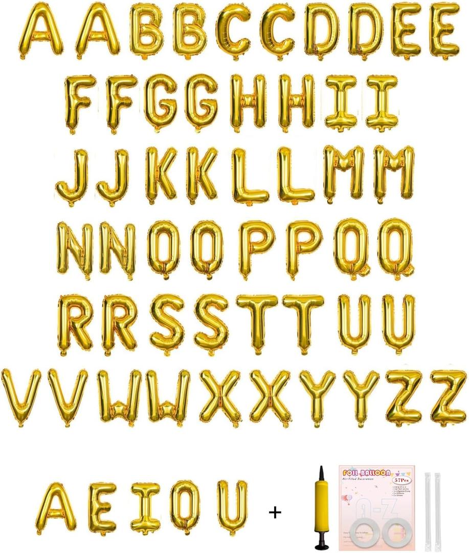 58 PCS Letter Balloons Alphabet Letters 2 Sets A- Z & 1 Sets AEIOU 16 - Inch Mylar Foil Balloons Set for Wedding/Birthdays/Annivs/Grads party Decoration Banner Custom Phrase (Gold)