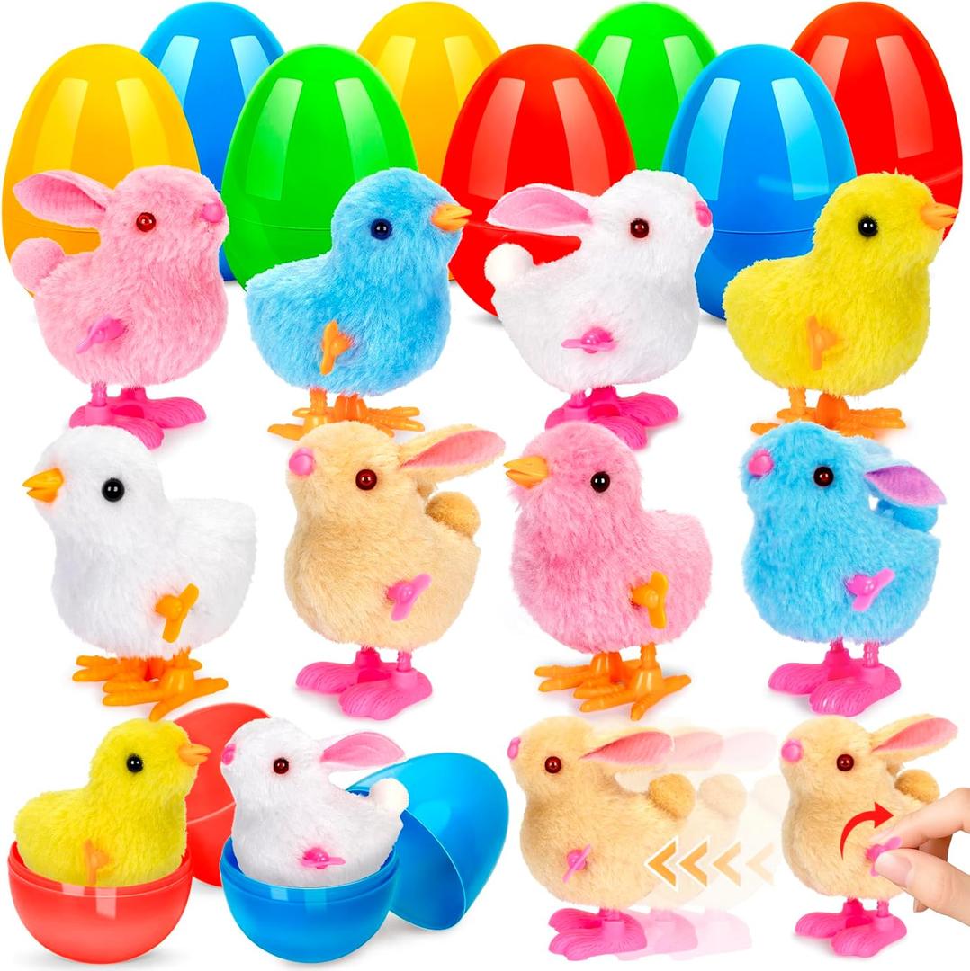 BAYSING 8 Pack Jumbo Easter Egg Fillers Wind-up Bunnies and Chicks for Kids, Basket Stuffers with Toys Inside, Filled Easter Egg Hunt Party Favors Supplies, Easter Basket Essentials, Classroom Prize