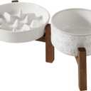 Ceramic 1.2 Cup Raised Slow Feeder Dog Bowl Set, Elevated 6.1inch Bowl and 7.3inch Slow Feeder Dish with Acacia Wood Stand for Small and Medium Dogs (2 x Reactived Glaze -White+ Stand)