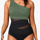 Aqua Eve Women Mesh One Piece Swimsuit - Tummy Control One Shoulder Bathing Suit Cut Out Swimwear 2025 Black, Medium