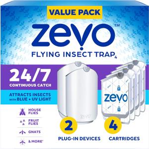 Zevo 2 Flying Insect Traps & 4 Refill Cartridges - Plug in Fly Trap & Indoor Bug Catcher for Gnats, House & Fruit Flies - Blue & UV Light Technology, Mess-Free Alternative to Bug Zapper