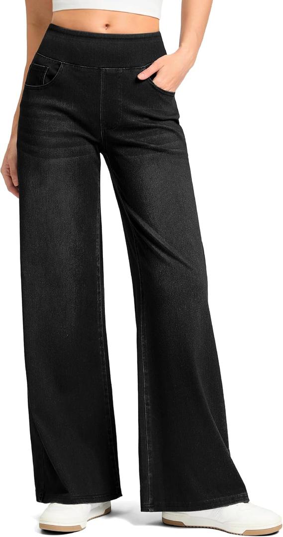 Rammus Wide Leg Jeans Woman High Waisted Pull On Jeans for Women Baggy Straight Leg Jean Stretchy Tummy Control Pants (Black, M)