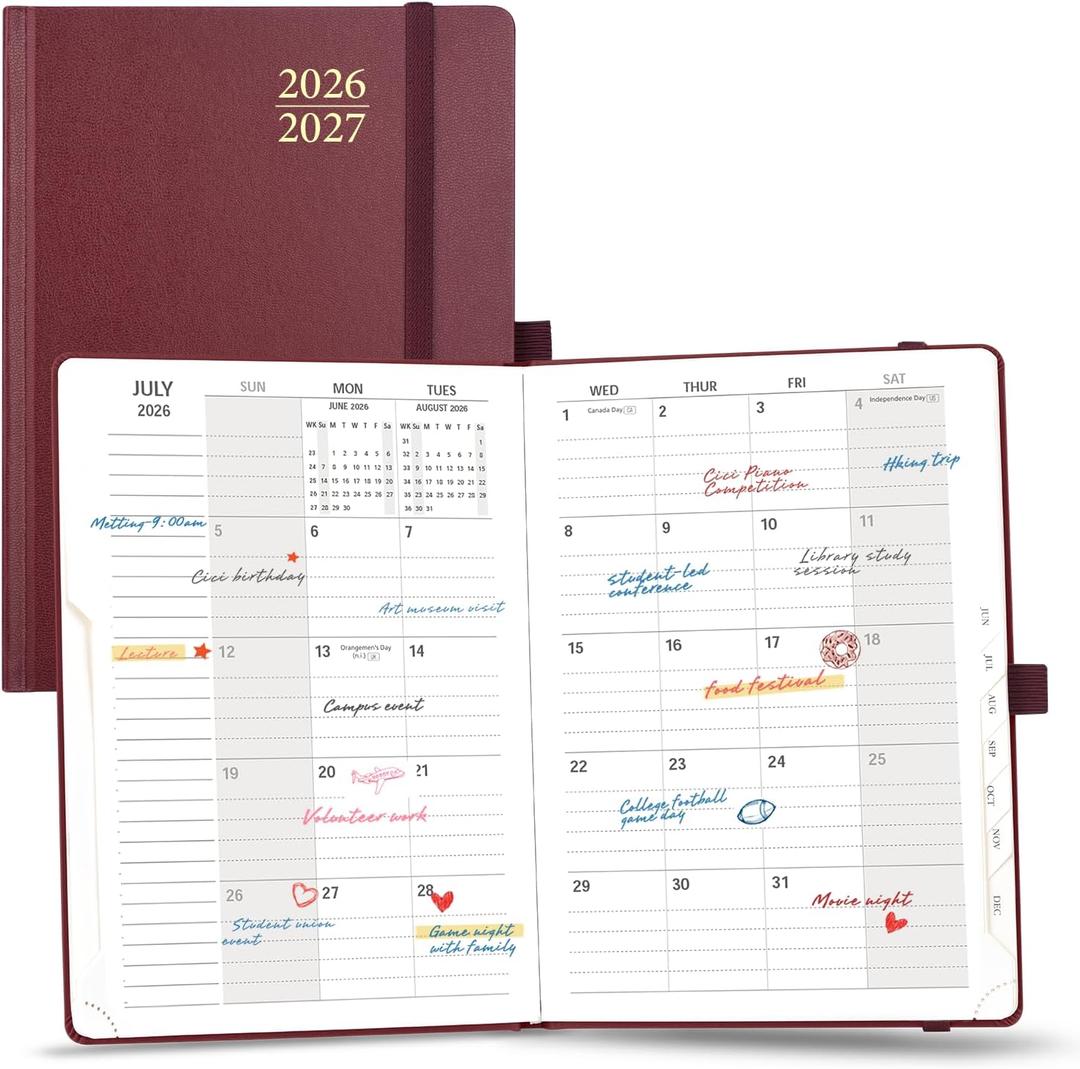 POPRUN Monthly Planner 2026-2027, 6.25" x 8.5", 18 Month (Jul 2026 - Dec 2027) Calendar Book, Academic Calendar Planner with Monthly Tabs, Inner Pocket, Hard Cover, 100GSM Paper - Burgundy