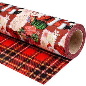 Ulmasinn Reversible Christmas Wrapping Paper Roll - 17" x33ft Double-Sided Designs with Santa and postcard & Plaid for Xmas Gift Wrap for Presents, Table Decor & Crafting