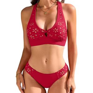 RIHOAS Bikini Sets for Women Two Piece Bikini Swimsuits Modest Petal Hollow V Neck Top and Low Rise Bottom (Red)