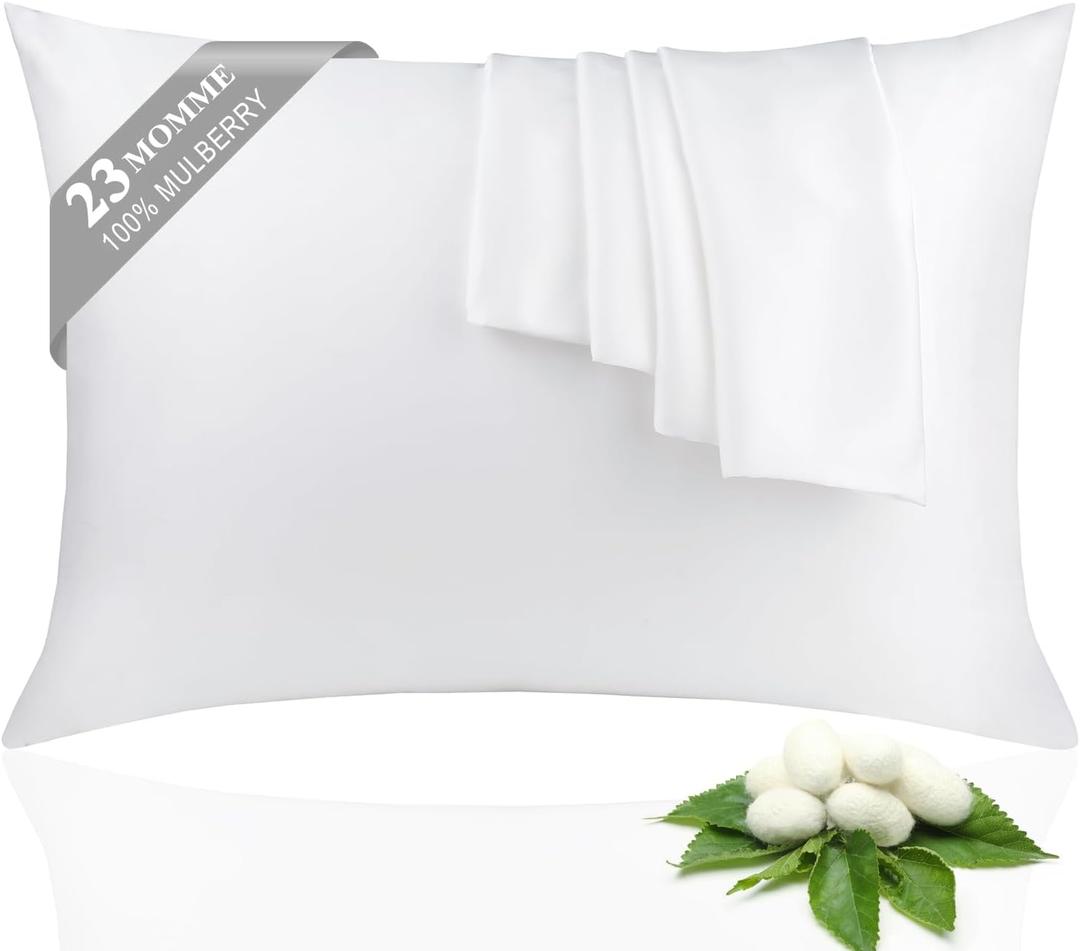 100% Silk Pillowcase 2 Pack for Hair and Skin, Both Sides 23 Momme Grade 6A+ Mulberry Silk Pillowcases with Hidden Zipper, Soft&Smooth Cooling Pillow Cases (White, King 2036)