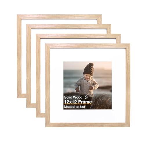 KINLINK 12x12 Picture Frame, Natural Square Solid Wood Frames for Pictures 8x8 with Mat or 12x12 without Mat, Wall Display Photo Frames Natural Wood 4 Pack