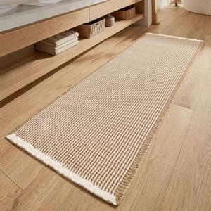 MIULEE Waffle Bathroom Runner Rugs, Super Absorbent Non Slip Bath Rug, Soft Quick Dry Washable Boho Large Beige Bath Mat with Tassels for Hallway Laundry Room Bedroom, 2'x5' (24"x60"), Brown & White