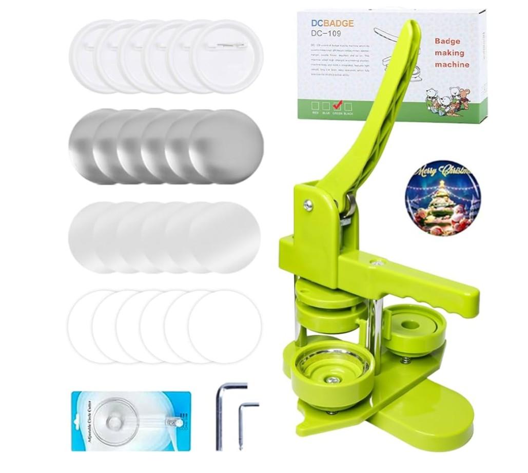 Button Maker Machine, Pin Maker Machine Kit (3rd Gen) Installation-Free DIY, Badge Maker Button Press Machine with Free Button Parts&Circle Cutter&Wrench Gadget (Green, 58mm（2.25in）)