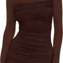 WIHOLL Women's Mesh Sheer Long Sleeve Ruched Mini Dress Sexy Bodycon Mock Neck Cocktail Party Club Spring Dresses 2026 (Large, 01 - Coffee)