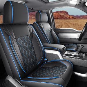 Seat Covers for 2015-2025 Ford F150 SuperCrew & 2017-2025 F250/F350/F450 Super Duty Crew Cab Pickup XL XLT Lariat King Ranch | Full Set Front and Rear(Black & Blue)