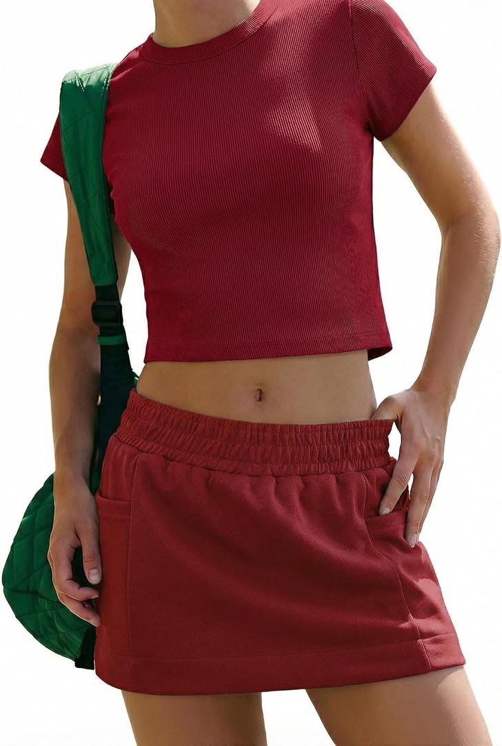 Womens Skort Sets 2 Piece Outfits Crop Top Elastic Waist Shirt Skorts Skirt Set Casual Activewear Outfits 2026 (M)