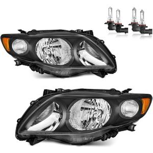 Headlights Assembly with Bulbs for 2009 2010 Toyota Corolla Halogen Headlamp Replacement Passenger and Driver Side (Black | With High & Low Beam Bulbs)