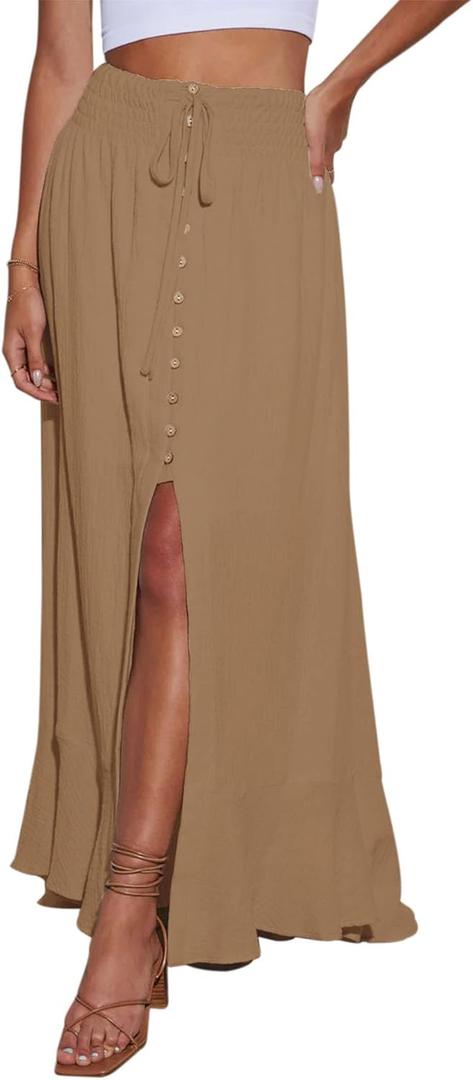 Minclouse Women's Elastic Tie Waist Button Down Maxi Skirts Casual Loose Flowy Swing Slit Front Dress (Medium, Khaki)