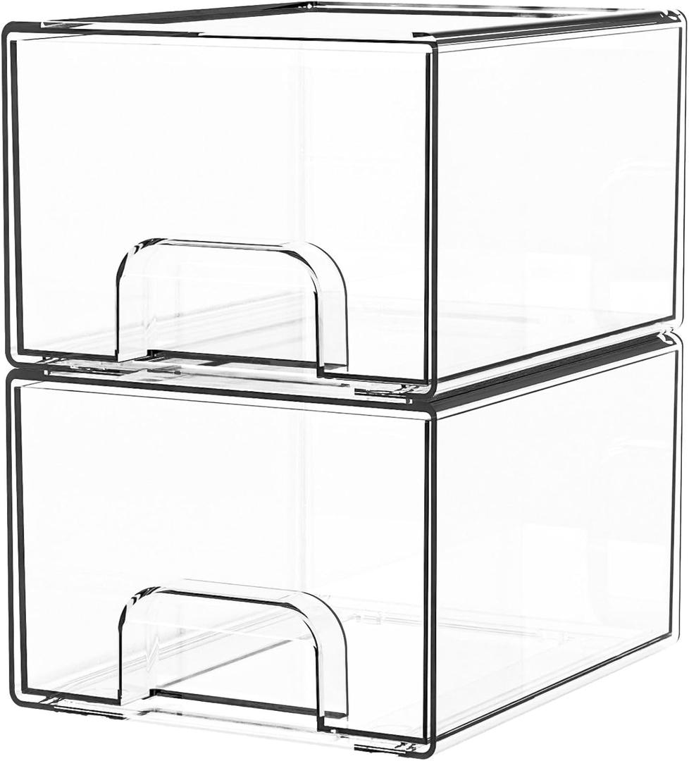 Yieach 2 Pack Clear Stackable Storage Drawers,4.4'' Tall Acrylic Drawer Containers for Organizing,Bathroom Organizers and Storage Bin Box,Plastic Makeup,Medicine Organizer Bins for Cabinet,Undersink