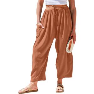 TARSE Womens Linen Wide Leg Pants Casual Loose Drawstring Summer Beach Travel Vacation Palazzo Harem Pants with Pockets (XL)