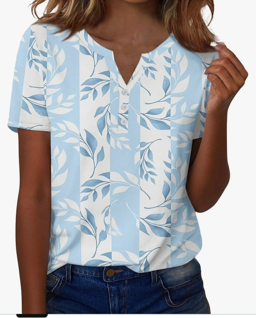 Women's Fashion Summer Button V-Neck Bohemia Floral Printed T-Shirt Spring Short Sleeve Loose Basic Top M size