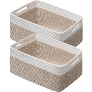 UBBCARE 2 Pack Large Woven Storage Baskets for Organizing, Clothes/Towel/Sweater Organizer for Closet, Storage Baskets Bins for Shelves, Blanket Basket, 17''Lx13''Wx7.5''H, Light Brown/White