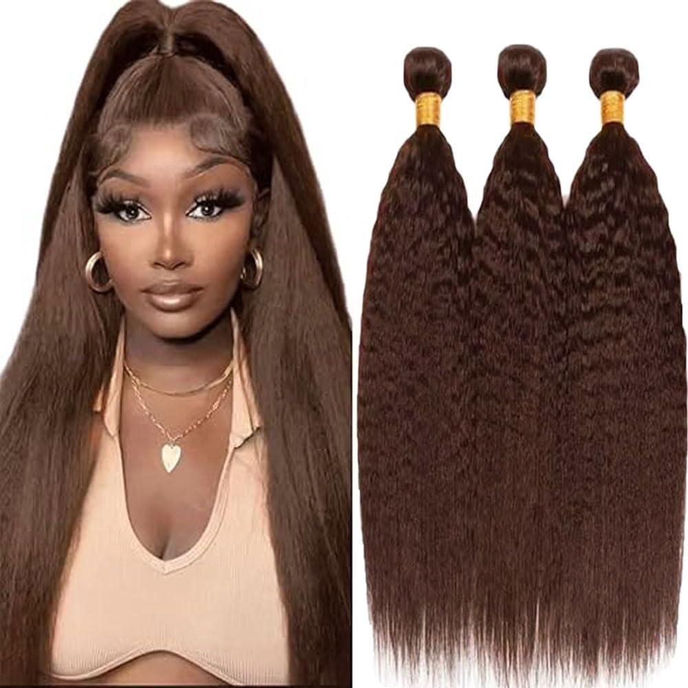 Chocolate Brown Human Hair Bundles Kinky Straight 10 12 14 Inch Yaki Wave Color 4 Bundles Huam Hair Extension Dark Brown Unprocessed Brazilian Virgin Double Weft 300G Total