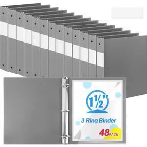 Henoyso 48 Pcs Gray 1.5 Inch 3 Ring Plastic Binder Bulk, 1 1/2 Inch Soft Flexible Binders Three Round Rings Fit 8.5x11 Papers for School Office Home File Organization Supplies