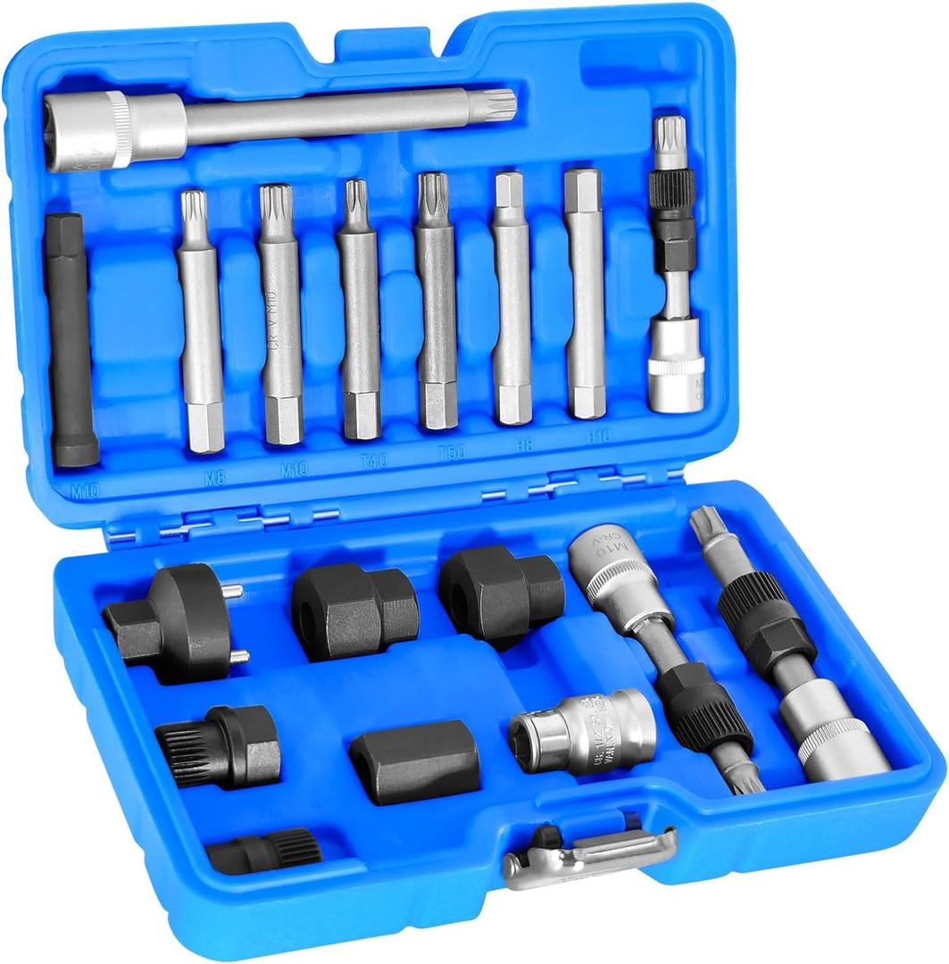 18PCS Alternator Pulley Remove Install Tool Kit, Clutch Freewheel Removal Socket Bit Set Compatible with Ford VW Mercedes-Benz BMW Audi Chevrolet Chrysler GM Porsche Volvo Skoda and More