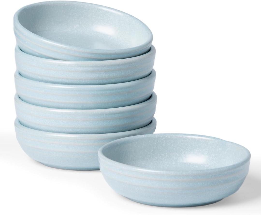 famiware Pluto Soy Sauce Dishes of 6, 3 oz Dipping Sauce Cups/ Bowls/ Dishes for Kitchen, Ceramic Small Bowls for Side Dish, Appetizers, Snacks, and Sushi, Reactive Glaze, Light Blue