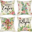 Fahrendom Happy Easter Bunny Christian Decorative Throw Pillow Covers 20 x 20 Set of 4, He is Risen Religious Cross Rabbit Porch Patio Outdoor Pillowcase, Spring Rose Flowers Cushion Case Home Decor