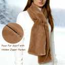 Faux-Fur Pull Through Scarf With Hidden Zipper Pocket for Women, Fur Neck Collar Scarf Cozy Wrap Concealed Storage (Brown)