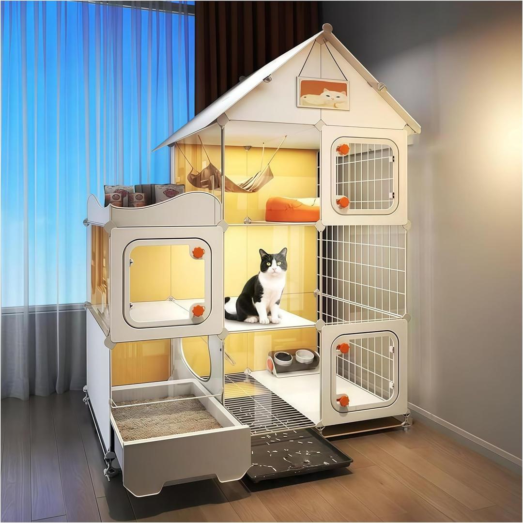 Indoor Cat Cage with Litter Box, Outdoor Cat House with Wheels,cat Enclosure, Complimentary Cat Bed, Bowl, Teaser Wand; Small Animal Dog Cages, Three-Tier cat Kennel(41.8" Lx18.1 Wx55.6 H)