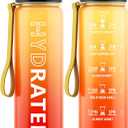Water Bottle with Straw, 32oz Motivational Water Bottles with Time Marker to Drink, Tritan BPA Free, 1L Sports Water Bottle with Carry Strap LeakProof for Women Gym Fitness Outdoor (1 Pack) (Yellow Red)