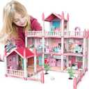 Kids Pink Grand Three Story Dolls House Playset with Furniture, Accessories and Outdoor Space