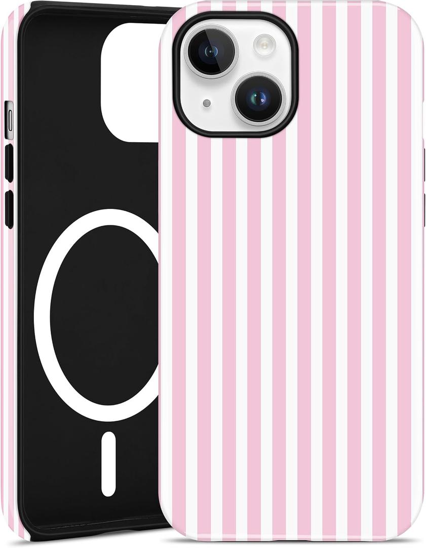 Jusy Compatible with MagSafe Striped Phone Case for iPhone 13/14, Cute Aesthetic Magnetic Soft TPU and Hard PC Protective Phone Cover for Women Girls (Matte) - Pink and White