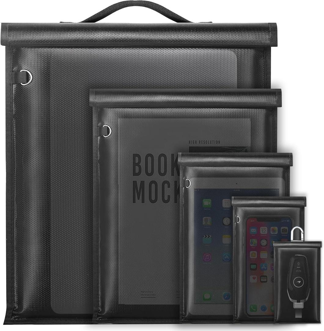 5 Pack Faraday Bags, Large Faraday Cage with Handle, Anti-Tracking Faraday Bag for Laptops & Tablets & Phones & Car Keys, Fireproof & Waterproof RFID Signal Blocker Bag